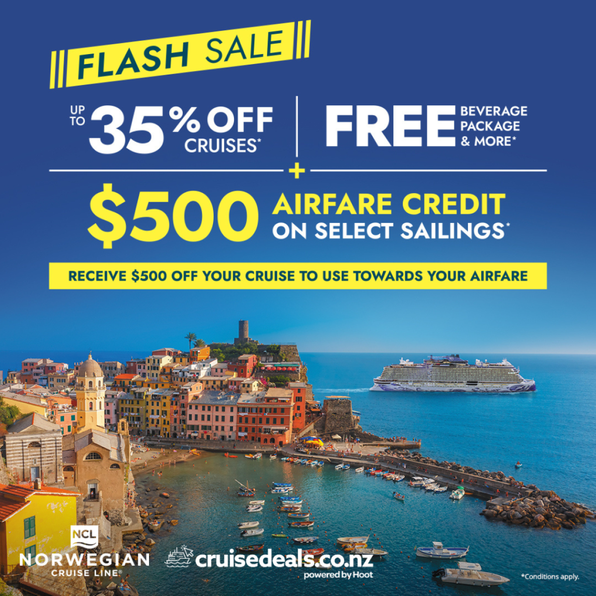 35% Off + Free at Sea Bonus Package + $500 Airfare credit on Norwegian Cruise Lines