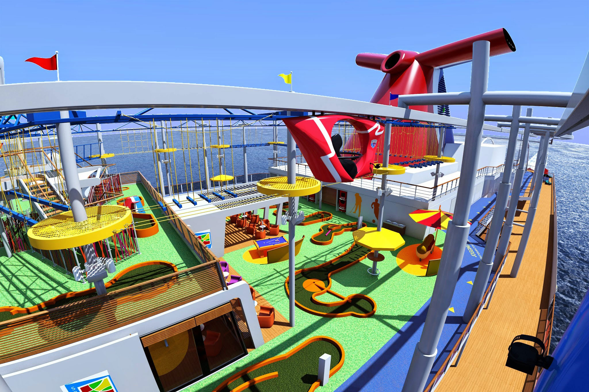Sky-ride: a pedal operated vehicle that travels along the sport & activity deck