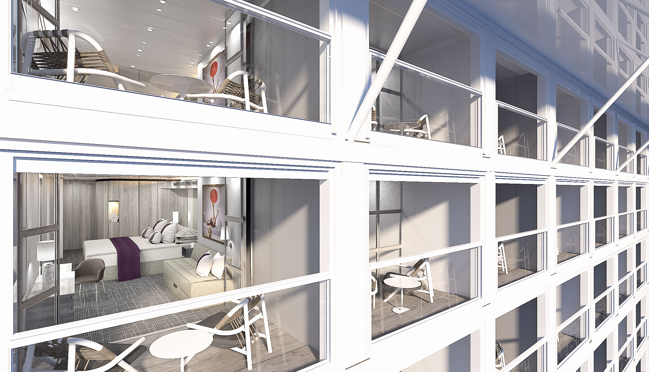 Panorama window or your own private balcony – most balcony staterooms feature an “infinity-veranda”