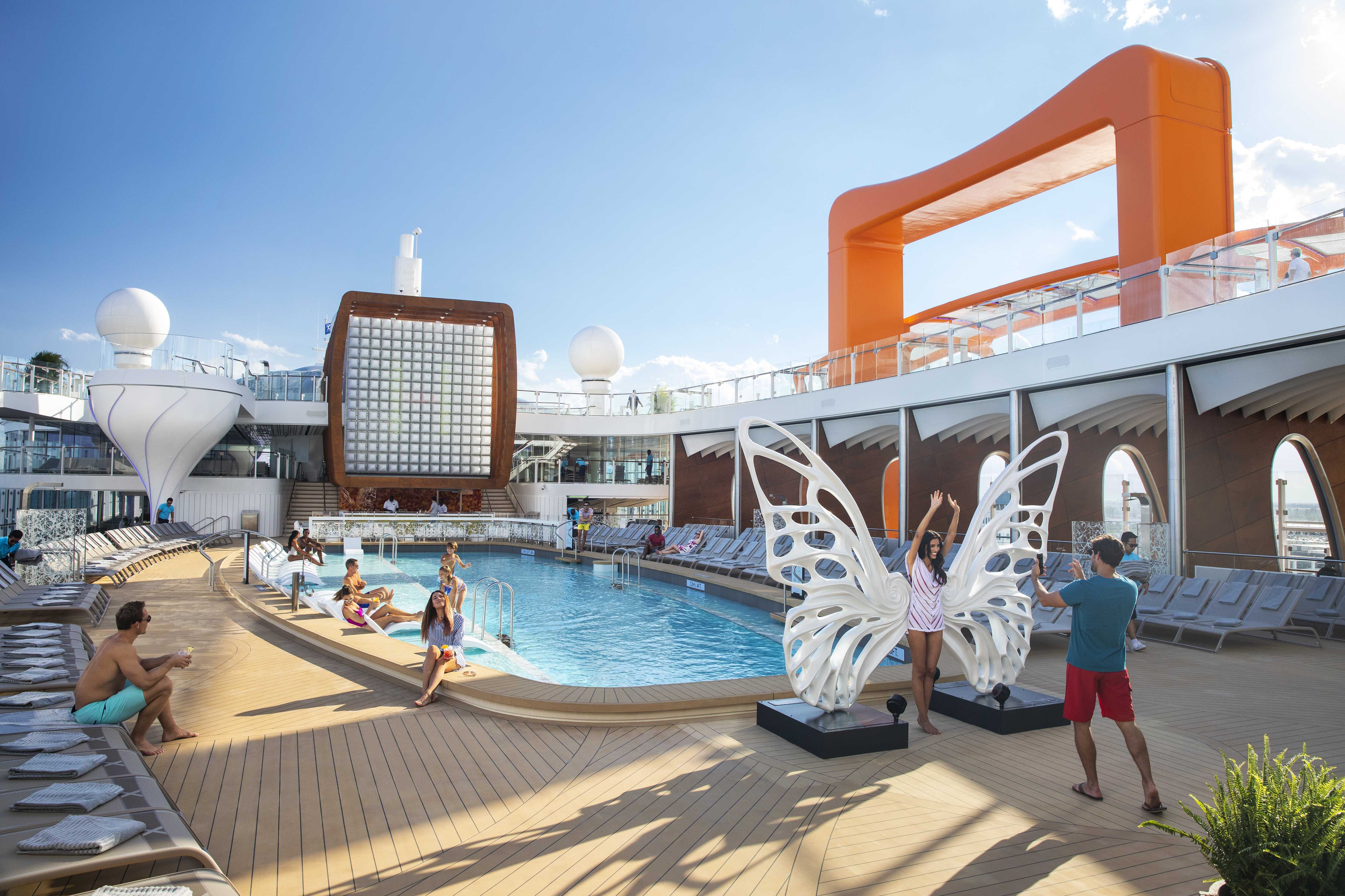 The pool area features one of the longest pools at sea