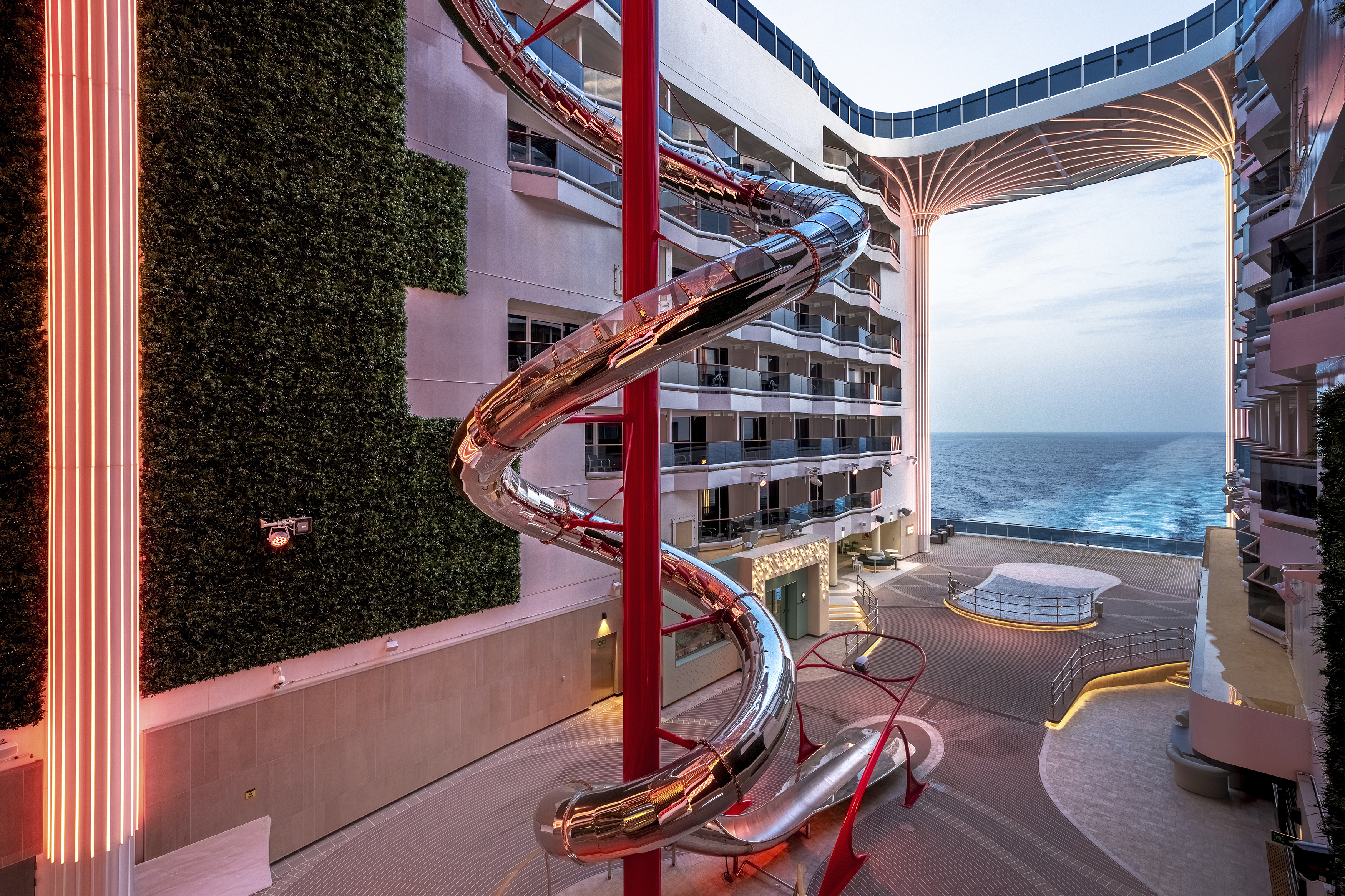 The Spiral which is an 11-deck state-of-the-art slide made of stainless is the centerpiece of the promenade