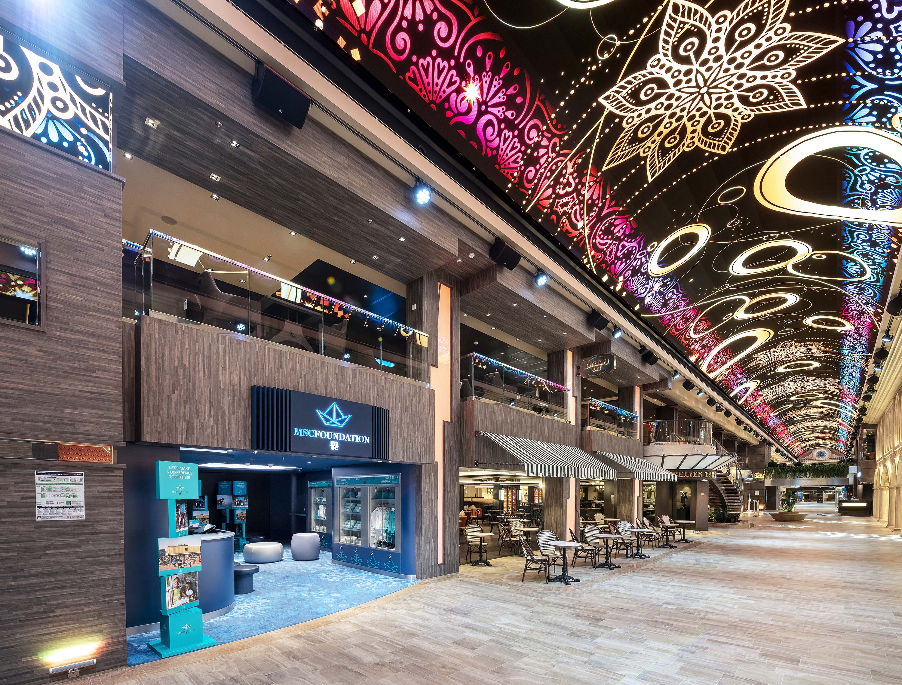 The promenade has the longest and most spectacular LED dome at sea with both main and special restaurants as well as many shops.