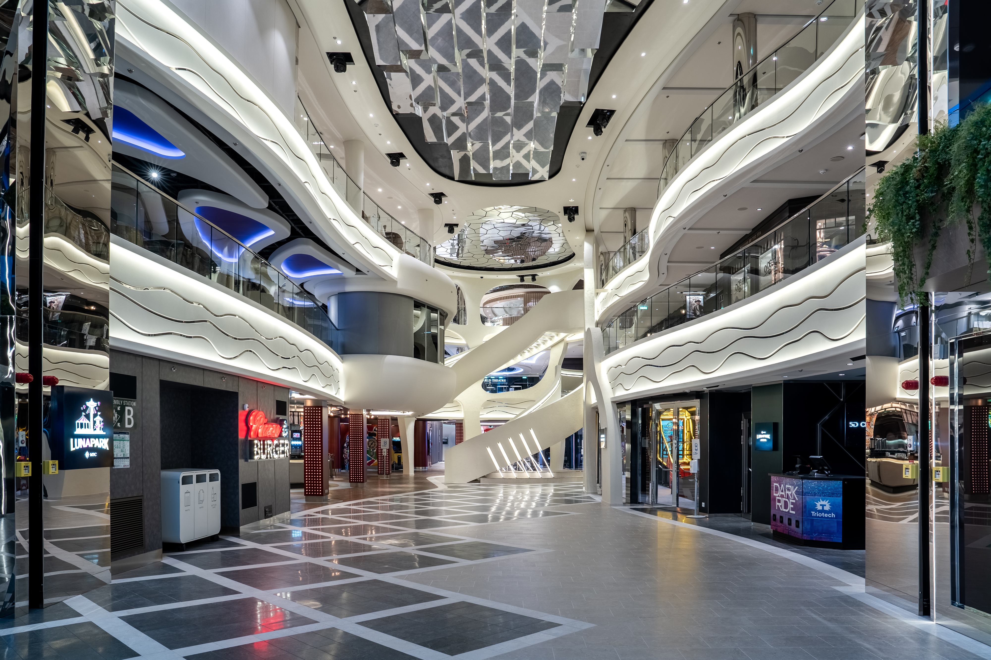 Stroll through the World Promenade, featuring the iconic LED Dome