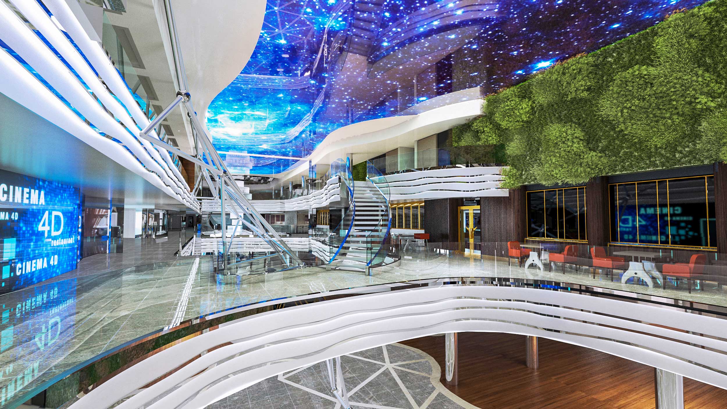Stroll through the indoor promenade, featuring the iconic LED Dome