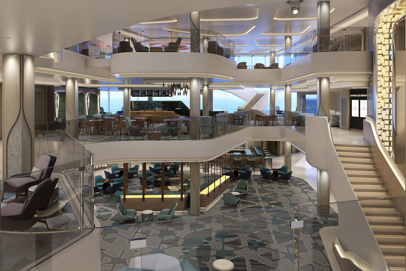 At the heart of the ship is the Penrose Atrium, a three-deck-high space that serves as a gateway to its many restaurants and bars. Designed by Miami-based Studio Dado