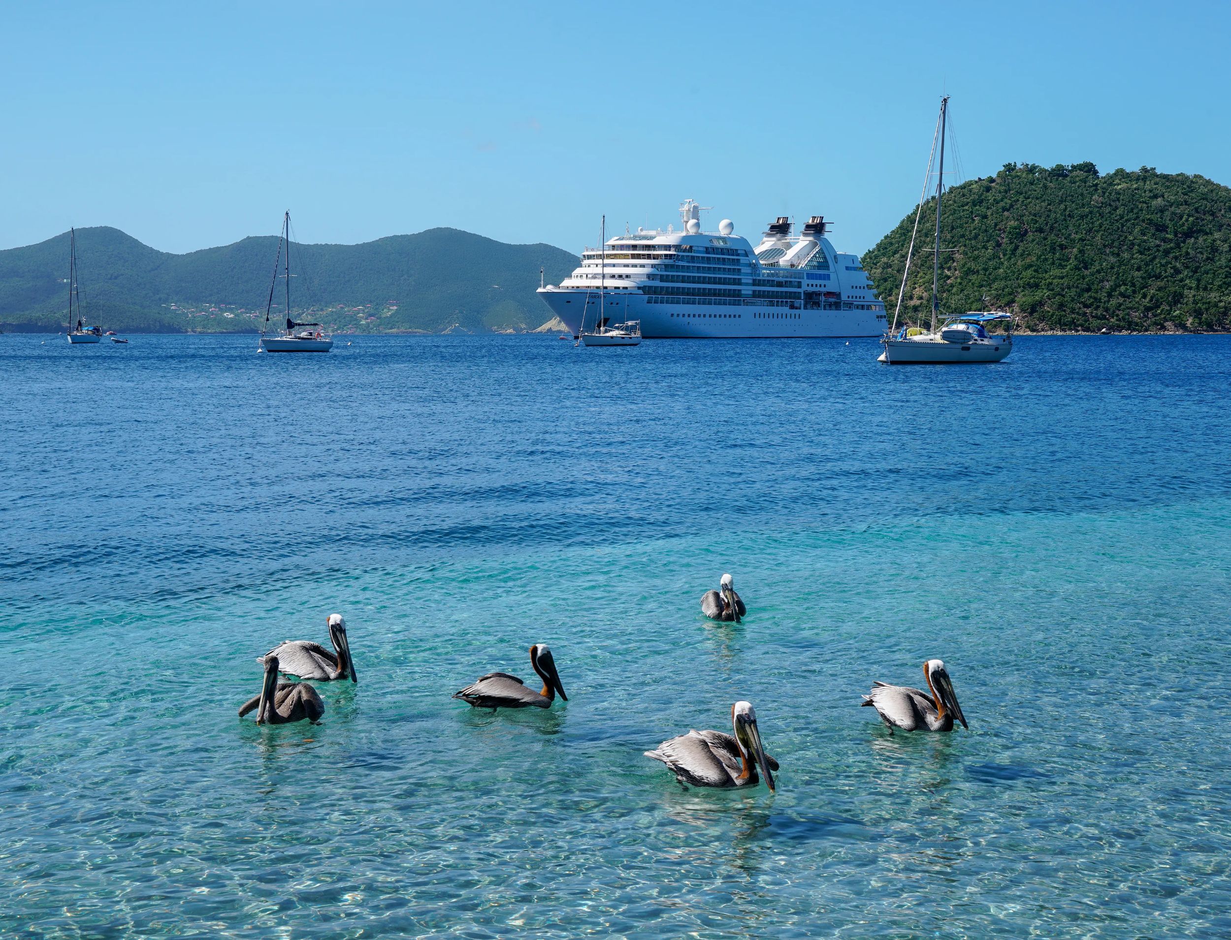 Seabourn Quest moored in the bay showing how close smaller ships can get you to the destination